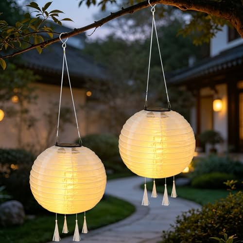 Solar Lampions Set 2 Stück, 25cm - Wetterfeste & Wasserdichte LED Gartenlaterne mit 4 Quasten, Warmweiß, für Balkon Terrasse Garten, Abendbeleuchtung, Außendekoration
