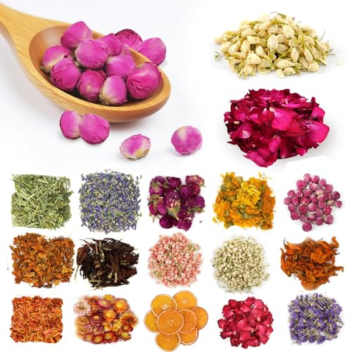 15 Sorten Getrocknete Blumen Trockenblumen Set für Seife Getrocknete Blüten Getrocknete Blütenblätter Kräuter Kit Lavendel Rose Lily Jasmin für DIY Handwerker Harz Kunst Bad Bomben Seife Kerze Machen
