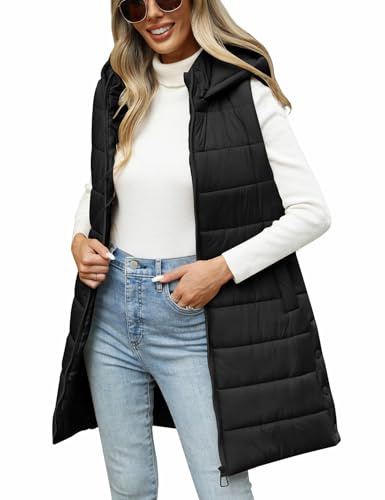 RITOSTA Women's Gilets Long Puffer Coats Sleeveless Ladies Jackets Longline Winter Hooded Quilted Gilet Plus Size Zip up Outwear Down Body Warmer Padded Vest with Pockets(Black,XXL)