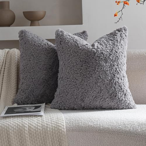 Neelvin 2er Set Kissenbezug Kunstpelz Pelz Plüsch Dekorative Kissenbezüge Sofakissen Kuschelig weich Couchkissen Dekokissen für Couch Sofa Wohnzimmer Schlafzimmer Dunkel Grau 50 x50 cm
