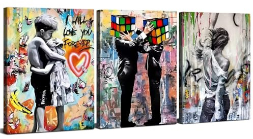 AIYISU Banksy Bilder Leinwand mit Rahmen, 30 x 40 cm 3 Teilig Banksy Poster Pop Art Bilder Moderne Bilder Wohnzimmer Abstrakte Gemälde Wandbild Schlafzimmer Flur - Fertig zum Aufhängen