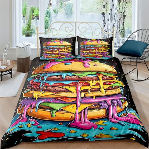 AYMAING Graffiti Burger Bettwäsche Set 135x200cm + Kissenbezug 50x75cm Mikrofaser, mit Reißverschluss Coole Kinderbettwäsche für Jungen und Mädchen, Pflegeleicht für Teenager Zimmer