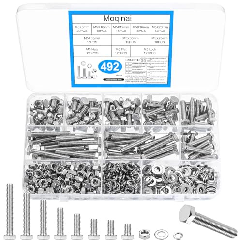 492 pcs Stainless Steel Hex Bolts and Nuts Set, M5 Machine Screws Assortment Kit, Metric Thread Bolts with Nuts, Stainless Steel Fasteners Set for Machinery, Furniture and DIY Projects
