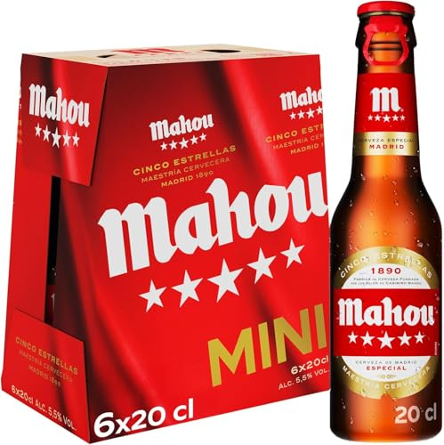 Mahou 5 Estrellas, Pack de 6 Botellas x 20 cl, Cerveza Especial Dorada Lager Con Sabor 5 Estrellas, 5.5% Volumen de Alcohol (Paquete de 6)