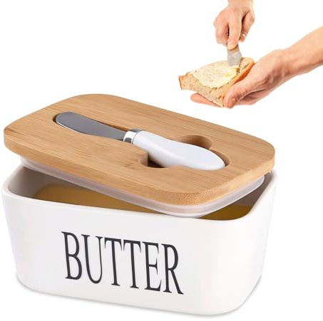 Ceramic Butter Dish with Wooden Lid, Porcelain Butter Dish Container with Air-Tight Seal Lid and Stainless Steel Butter Knife - Large Butter Container Porcelain for Butter , Cheese , Storage 350ml