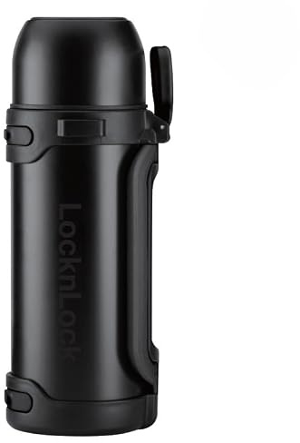 LocknLock Isolierkanne 1,5 Liter - Thermoskanne mit Becher - Warmhaltekanne für Kaffee, Tee & Kälteisolation, Isolierflasche aus Edelstahl auslaufsicher mit Tragegurt & Klappgriff (Anthrazit, 1800 ml)