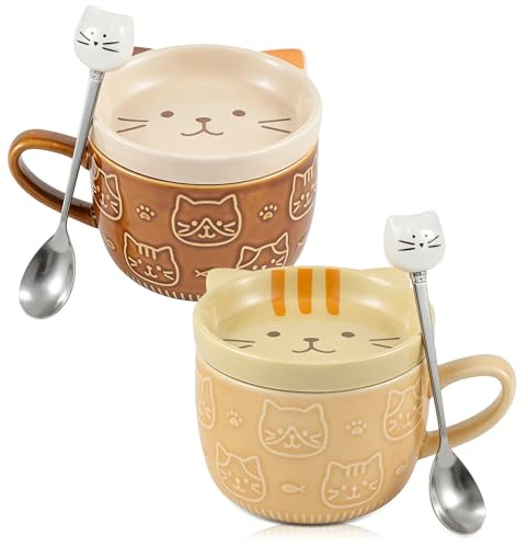 Katzen Tasse, 2er-Pack 300ml Keramik Katze Kaffeetassen, Katze Tier Kaffee Teetassen Set Mit Deckel Und Löffel Für Frauen Freunde Kinder Katzenliebhaber Weihnachten Geburtstag