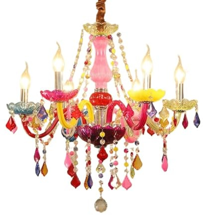 LUOYAOB Französische Landhaus-Hängelampe mit 6 bunten Köpfen, Glaskristall, Kerzenakzente, Pendelleuchte, 22,8 Zoll, mit optionalem Stoffschirm, Kronleuchter for Schlafzimmer(No Lampshade)