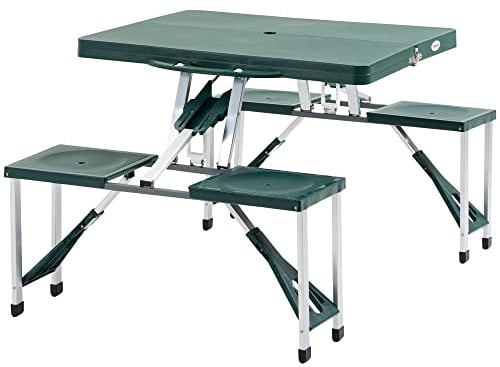 Outsunny Mesa Maleta de Camping Plegable Portátil 4 Asientos y Agujero Sombrilla Estructura Aluminio Playa Picnic 135.5x84.5x66cm (Verde)