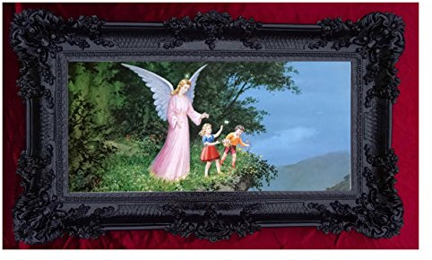 Made in Italy Barock Gemälde Bild Schutzengel Engel zwei Kinder am Felsen 96x57cm mit Rahmen Repro Antik look (Schwarz) 75B