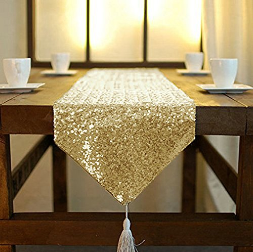 ShinyBeauty Chemins de Table Or Clair Pompon 12x90 Pouces Chemin de Table À Paillettes Couverture De Table Or Champagne pour Paillettes De Fête Chemin De Table Décorations De Graduation