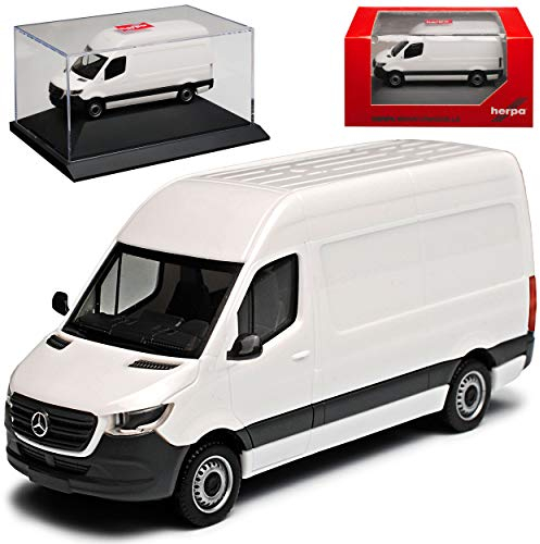 Herpa Mercedes-Benz Sprinter CS30 W907 W910 Transporter Kasten Weiss 3. Generation Ab 2018 mit Sockel und Vitrine H0 1/87 Modell Auto mit individiuellem Wunschkennzeichen
