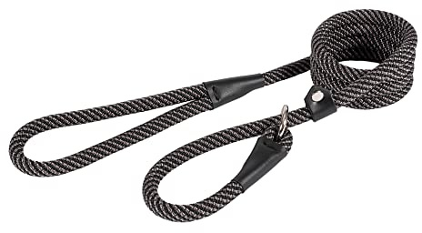 Ancol Extreme Dog Rope Slip Lead with Leather Adjuster - Black Grey - Durable Nylon Weave Mountain Rope Pet Walking Accessory - 1.5m x 12mm for Pets up to 50kg