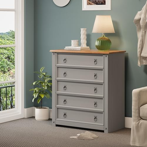 Mercers Furniture Corona Grey Wax Small 5 Drawer Chest Solid Wood Pine Wooden Bedroom Storage Drawers Shabby Chic Mexican Style 89cm High 80cm Wide 41cm Deep