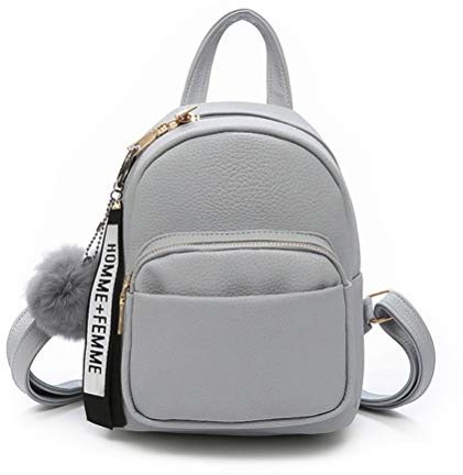Katech Petit Sac à Dos Femme, Cuir PU Mini Sac à Dos pour Femme avec Pendentif Boule de Peluche, Petit Sac À Main pour Ados Filles Dames Femmes (Gris)