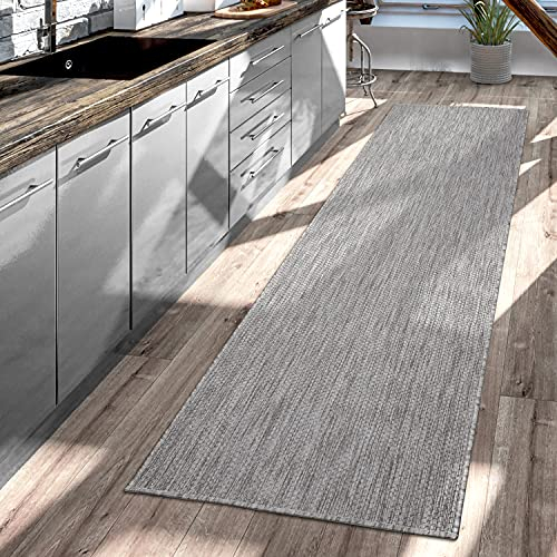 TT Home Teppich Für Outdoor Küchenteppich Balkon Terrasse Unifarbenes Design Modern, Farbe:Grau, Größe:80x250 cm