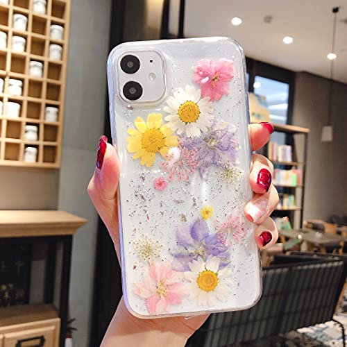 EYZUTAK Case for iPhone 7 Plus/8 Plus, Bling Glitter Sequin Handmade Real Dried Flower Leaf Embedded Pressed Floral Flexible Soft Rubber Gel TPU Protective Bumper Back Cover - Blue+Pink