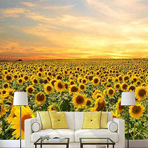 YXTSmurals Fototapete 3D Effekt Sonnenuntergang Himmel Pflanzen Sonnenblumen Fototapeten Vlies Tapeten Wandtapete Vliestapete Wandbild Wand Schlafzimmer Wohnzimmer Büro Küche