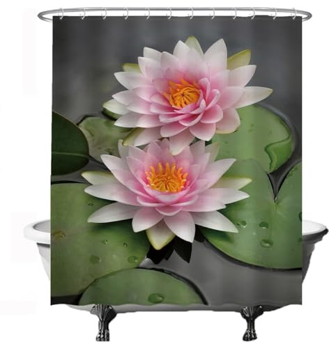 Ulticool Duschvorhang – Seerosenteich Pflanzen Spa Tranquility Earth - 180 x 200 cm - Waschbar - Anti Schimmel - mit 12 Ringen - Rosa Grün Grau