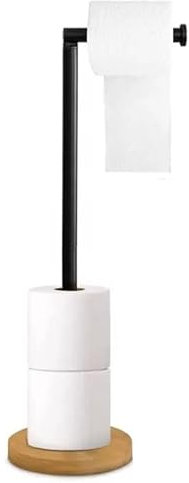 Toilet Roll Holder Free Standing Spare Roll Holder with Swivel Action Extra Storage Space saving Sleep Practical with SV Rubber Base Caravan Camping Hotel Tissue Roll Storage (Black with Wood Base)