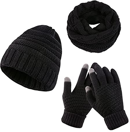 Mutze Schal Set Damen Blau, Mütze mit Pompon Frauen Handschuhe Schal Set Chic Strick Beanie Cap Set Fleece Halswärmer Warm Loop Schal Winter Handschuhe Damen Bommelmütze Abnehmbar Mode