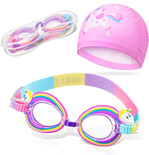 Fiada Cuffia da Nuoto per Bambini Occhialini Regolabili Cappello da Nuotare Elastico Occhiali da Nuoto Antiappannamento di Protezione UV per Ragazzi di 3-15 Anni, 2 Pezzi in Totale (Unicorno)