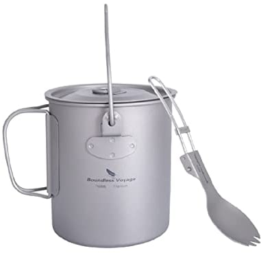 iBasingo 750ml Titanium Mug Camping Cup Tea Coffee Water Pot with Lid & Spork Ultralight Outdoor Travel Tableware with Foldable Handle Picnic Backpacking Portable Drinkware Survival Gear Ti3039D