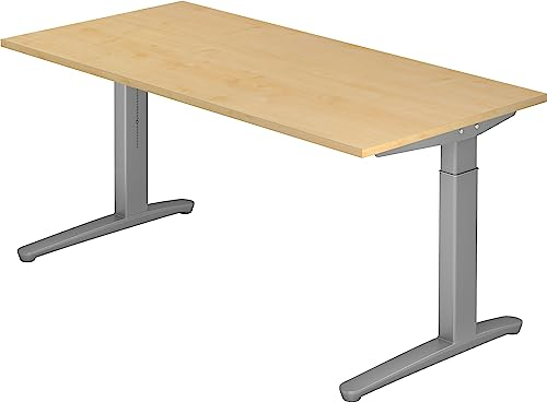 bümö manuell höhenverstellbarer Schreibtisch 160x80 in Ahorn, Gestell in Silber - PC Tisch höhenverstellbar & groß, höhenverstellbarer Tisch Büro, großer Computertisch verstellbar