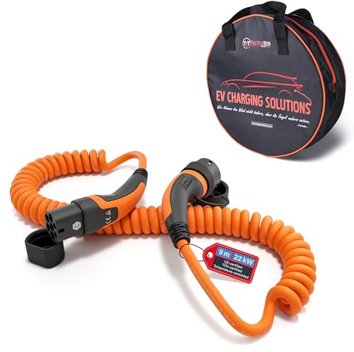 TEUTSCHTECH, Typ 2 Ladekabel für Elektroauto oder PHEV | 22kW | 3-phasig 32A | Mode 3 | 9m | Typ 2-Typ 2| Nutzbare Länge ca. 5.4m | Temperaturüberwacht | Sicher Laden und Schutz vor Brand | Orange