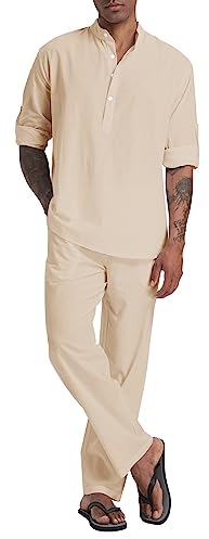 SIENDIU Herren Leinen Sets Henley Shirts 2 Stück Urlaub Outfits Strand Kleidung Casual Anzug Langarm Shirt Yoga Hosen Sommer, Khaki, X-Large