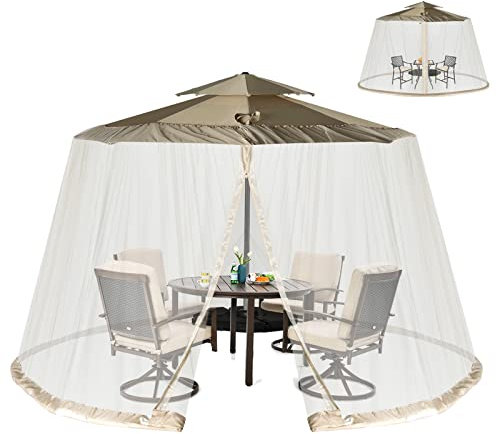 RELAX4LIFE Moustiquaire Cylindrique pour Parasol avec 2 Fermetures Éclair, Moustiquaire Portable avec Cordon de Serrage Réglable & 2 Tuyaux d'Eau en PVC, ø2,5 à 3 M, pour Parasol Tonelle (Beige)