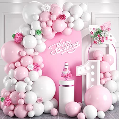 KEPMOV Macaron, kit per arco di palloncini rosa e bianco, kit di ghirlande di palloncini rosa e bianco, palloncini in lattice di diverse dimensioni 45/30/25/25/12,7 cm, per matrimoni, addio al