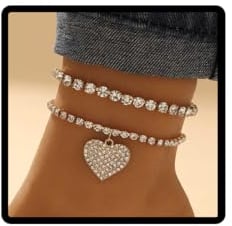 Cubahop Double Layer Beach Crystal Anklets Heart Love Bling Ankle Bracelets Summer Foot Accessories Jewelry for Women and Girls (Rose Gold)