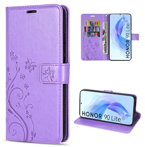betterfon Hülle Kompatibel mit Honor 90 Lite | Premium PU Leder Handyhülle Wallet Case für 90 Lite | Schutzhülle Blumen Klapphülle Handyhülle | Lila
