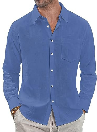 J.VER Men's Linen Cotton Shirts Long Sleeve Regular Fit Casual Solid Lightweight Summer Beach Shirt with Pocket Royal Blue L