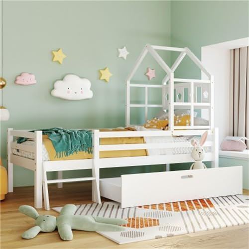 Einzel Kinderhochbett 90x200 cm mit Leiter Schubladen und Absturzsicherung Massivholz inkl Lattenrost Weiß (Matratze Nicht enthalten)