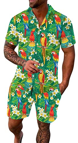Generisch Gedruckt Set Herren Slim Fit Hawaii Hemd Männer Kurzarm Kurze Hosen Mit Tunnelzug Strandshorts Shirt&Shorts Sets Anzug Hawaii Hose MäNner Komplett Outfit Herren