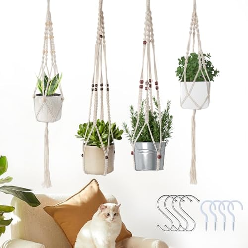 Leseed Suspension Plante Extérieur - Ensemble De 4 Avec Crochet, Tissés à La Main, Durables, Macramé - Convient Aux Suspendus pour Balcons Et Salons, Beige