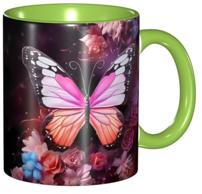 Green Classic Mugs Tasse en céramique Convient pour cappuccino, latte, céréales, yaourt, lait, boissons chaudes ou froides, four à micro-ondes, motif papillons et fleurs