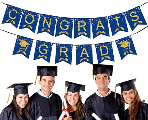 Abschlussfeier Banner - Congrats Grad 2024 Blau Dekorationen - Abschluss Dekoration Wiederverwendbar, Deko mit goldenen Buchstaben für Schulabschluss, Feiern