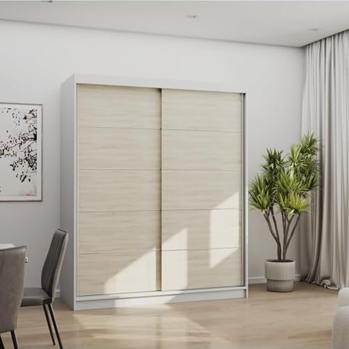 Fabryka Mebli Idźczak Kleiderschrank, Wohnzimmerschrank - Weiß, Sonoma Schwebetürenschrank, Schlafzimmerschrank - ‎61 x 160 x 195 cm - Schrank für Schlafzimmer, Wohnzimmer, Garderobe, modern