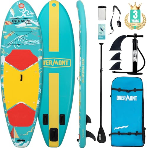 Overmont SUP Aufblasbares Stand Up Paddle Board für Erwachsene, 323 x 84 x 15 cm, leicht und faltbar, mit ADJ-Paddel, Pumpe, SUP-Rucksack, Leine, 3 Flossen, wasserdichte Tasche, Reparaturset,