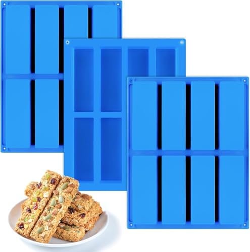 Pack of 3 silicone moulds, rectangular, 8 cavities, energy bars, baking mould, cereal bar, silicone mould, rectangular baking mould for bread bread, cornbread, cheesecakes, muffins, brownies and