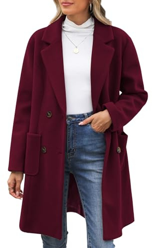 CMTOP Wintermantel Damen V-Ausschnitt Revers Mantel Lang Warm Wollmantel Herbst Winter Damen-mäntel Gerade Zweireihiger Übergangsmantel Elegant Damenmantel mit Taschen
