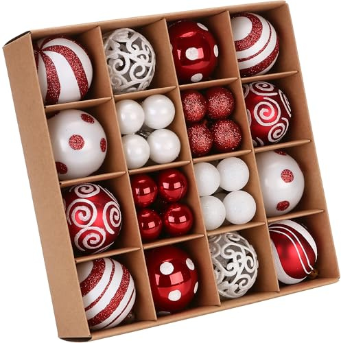 Sea Team 44er-Set Kleiner Weihnachtskugeln mit Strings, Größe 30-60mm/1,18-2,36 Zoll, aus splitterfreiem Kunststoff in Rot & Weiß, ideale Dekoration für Weihnachtsbaum, Kranz und Girlande.