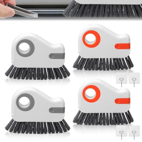 4PCS 2 In 1 Groove Cleaning Brush Window Track Cleaner Brush Set, Multipurpose Cleaning Brush with 4 Hooks Grout Cleaner Window Brush Tool for Sliding Shutter Door Track
