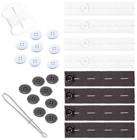 Lot de 6 serre-taille pour pantalons amples avec aiguilles, boutons transparents et fil blanc, ajusteur de taille pour hommes, femmes et enfants (noir et blanc)