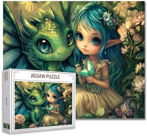 Aihonmin Drachen mit Mädchen Puzzles für Erwachsene 1000 Teile Niedlicher grüner Drache DIY Handarbeitspuzzles Kunst-Puzzles für Heimdekoration Schwierig und Herausforderung Großes Puzzle