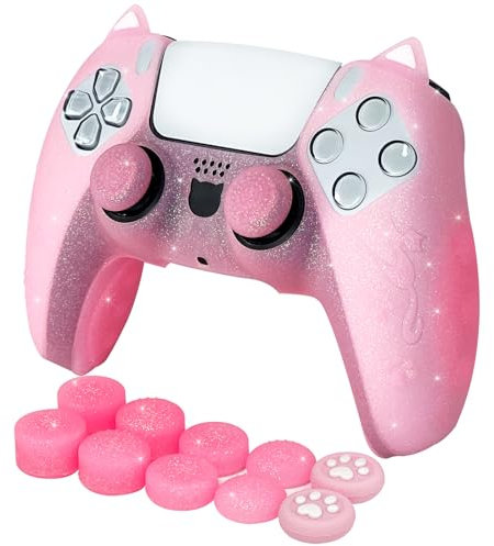 HLRAO Pink Cat Glitter Anti-Rutsch-Schutz-Silikonabdeckung Hautgriffe Kompatibel mit PS5/Slim/Pro-Controller, 8 PCS Glitter Thumb Grips Caps und 2 Paw Grips Caps.