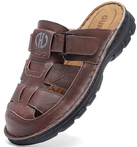 GURGER Herrsandaler läder mulor träskor sommar stängd tå slip-on utomhus strandsandaler, Mörkbrunt, 41.5 EU